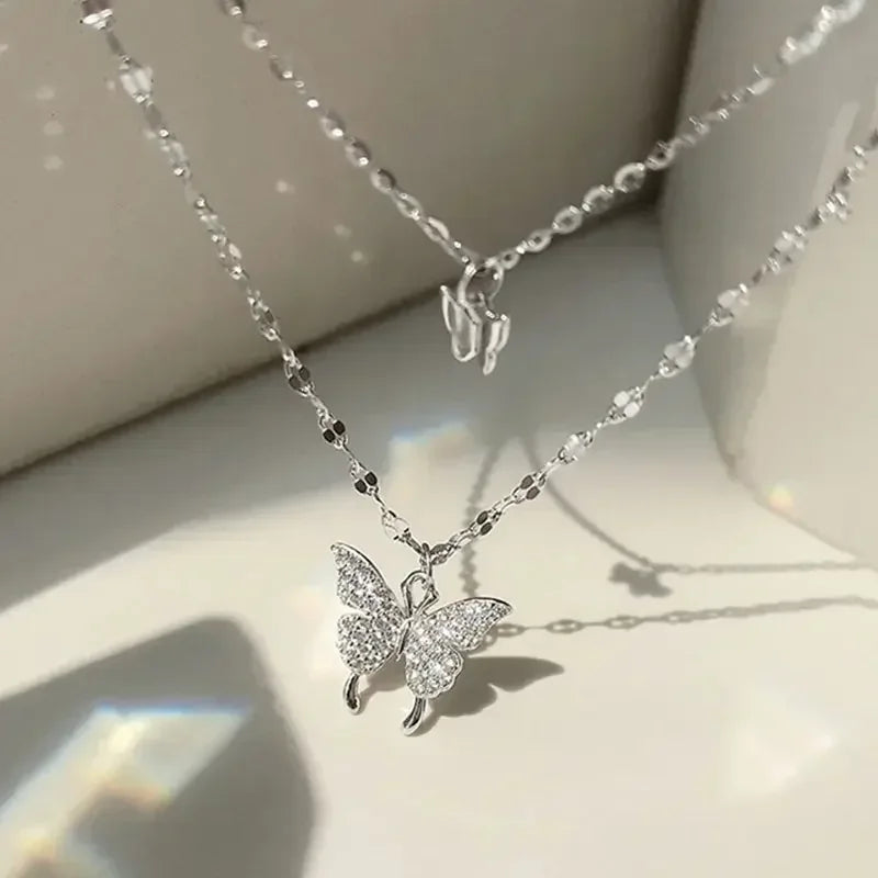 Double Layer Butterfly Necklace for Women, Lats Sparkling Collar Chain, Exquisite Jewelry, Banquet Party, Holiday Gift, 1 Pi-Mart