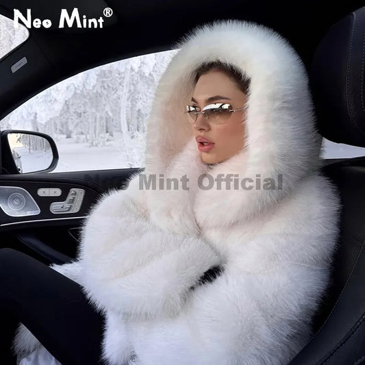 Neo Mint Winter 2025 Pure White Mountain Fashion Hooded Cropped Faux Fur Coat Women Fluffy Eco Fox Fur Jacket Girls Hot Overcoat LadyShow.Store