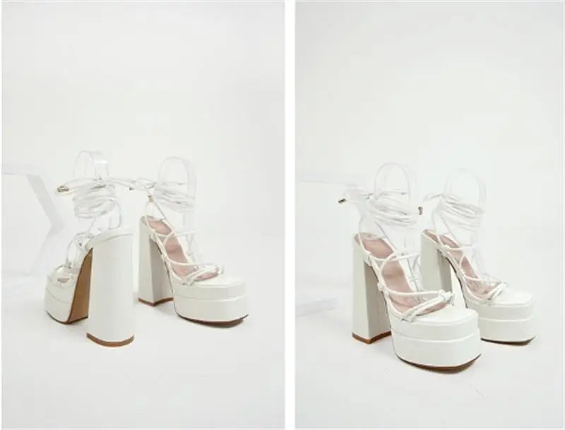 FF2025 New Fashion Solid Colored Cross-tied Heels Supper High Platform Dressing Sandals Peep-toe Square Heel Summer Footwear Pi-Mart