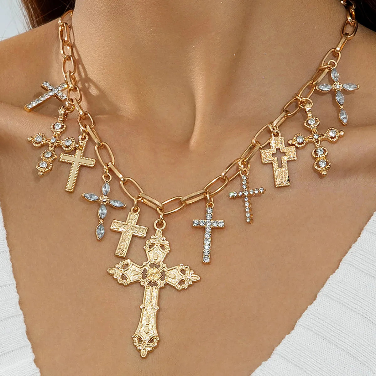 Vintage Creative Imitation Pearl Big Cross Pendant Necklace for Men Woman Luxury Rhinestone Choker Adjustable Chain Jewelry Pi-Mart