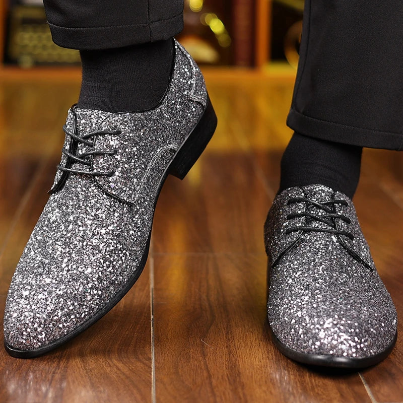Luxury Men Dress Shoes Gold Silver Sequin Wedding Shoes High Quality Lace-Up  Oxford Shoes Fashion Designer Men Flats Large Size Pi-Mart