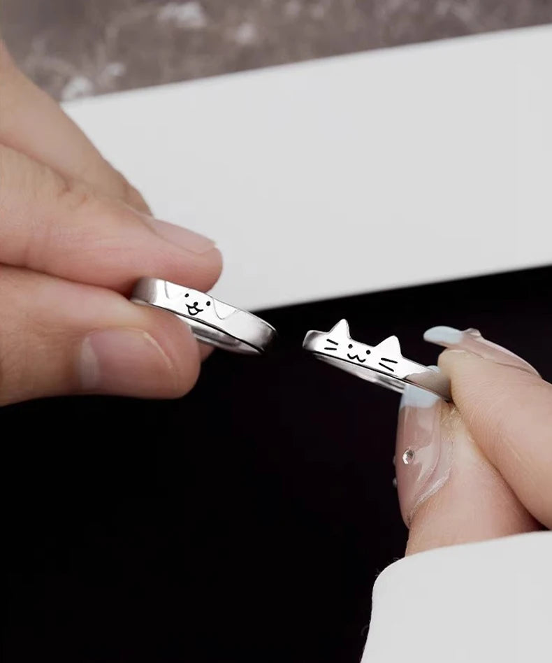 2pcs Simple Design Cute Cat Dog Animal Adjustable Couple Ring for Women Men Cartoon Fashion Couple  Friends Rings Jewelry Gifts Pi-Mart