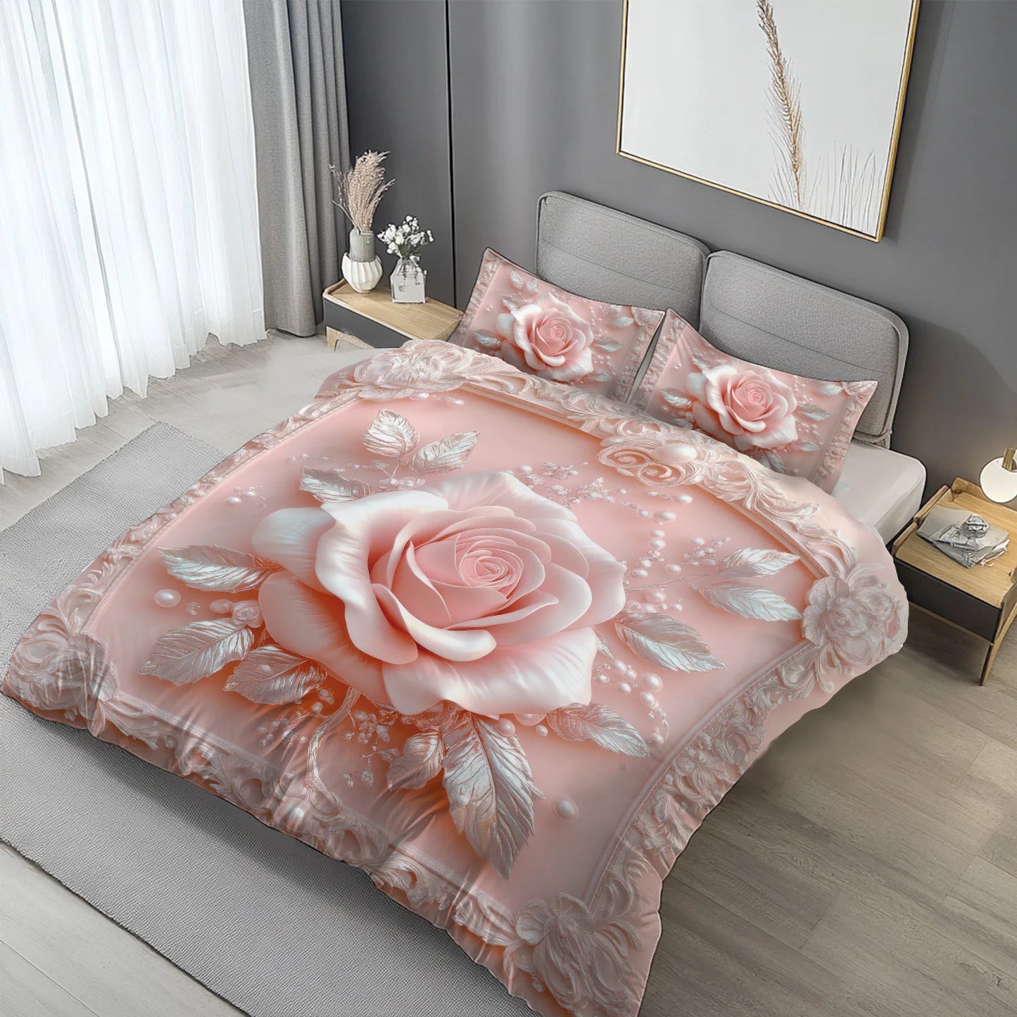 Latacaca 2/3Pcs Pink Rose Duvet Cover Set, Soft Comfortable Floral Bedding with Pillowcases, Machine Washable Queen King Size Pi-Mart