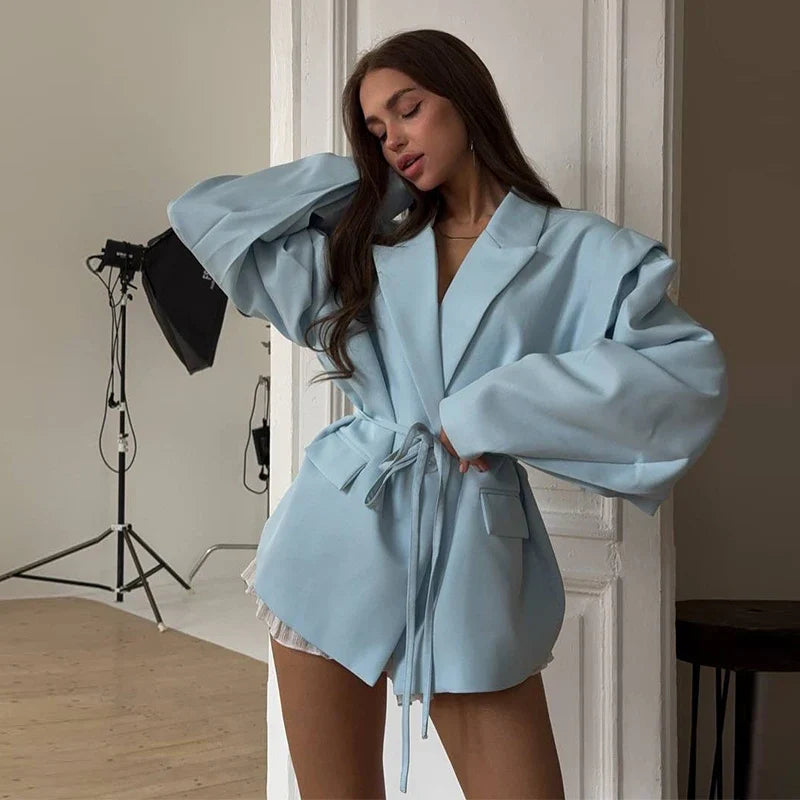 Chic Oversize Floral Printed Women Jacket Padded Lapel Lace Up Loose Coat Long Sleeve High Waist Outwears 2025 Lady Streetwear LadyShow.Store