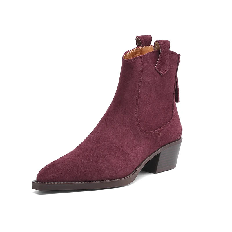 New 2025 Trend Autumn Winter Cow Suede Women Western Boots Black Brown Khaki Purple Green Burgundy Pointed Toe Lady Ankle Boots Pi-Mart