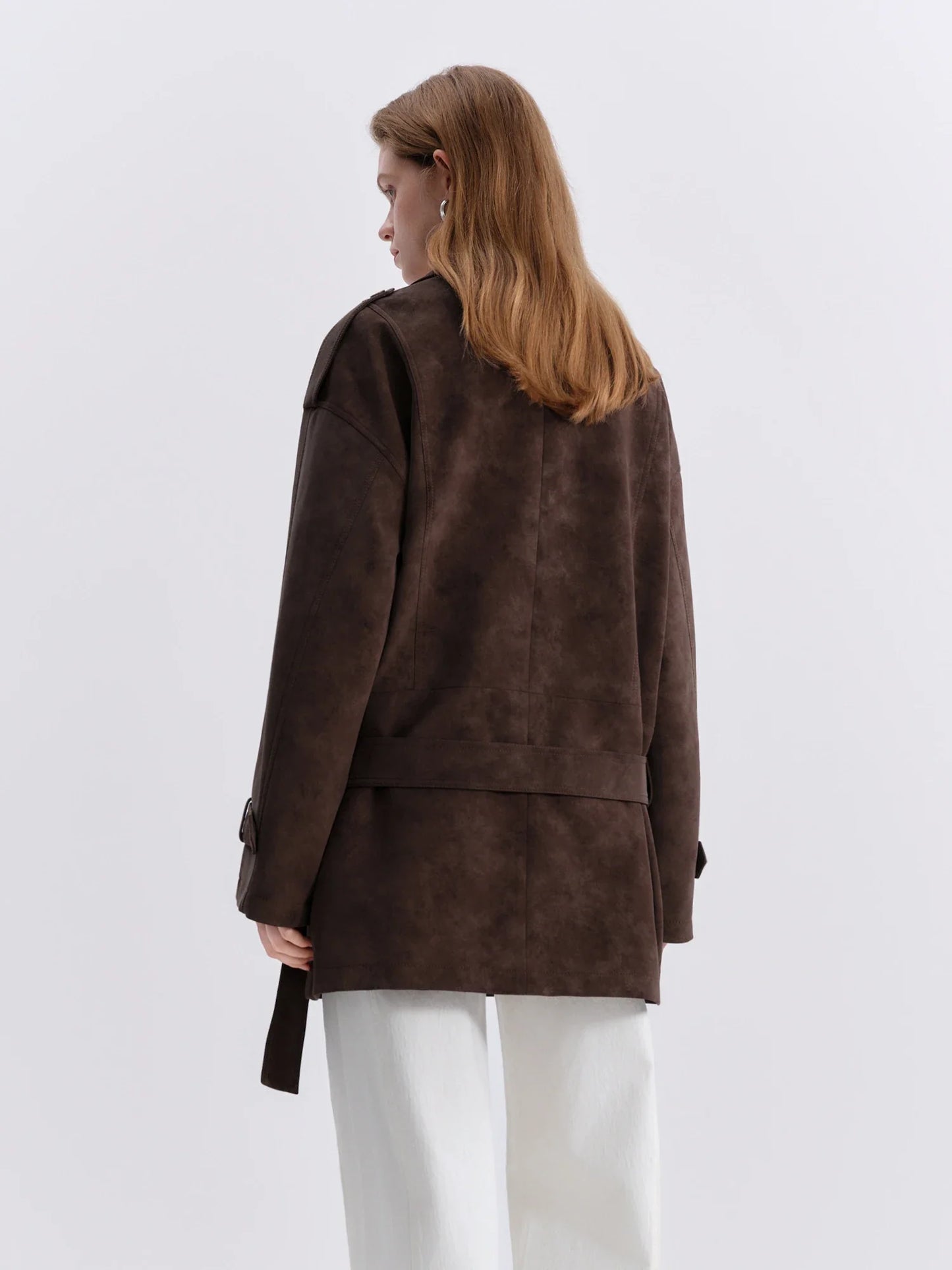 FSLE Retro Double-breasted Lapel Loose Leather Jacket for Women 2025 Winter New Casual Coffee-colored Jacket Loose Fit LadyShow.Store