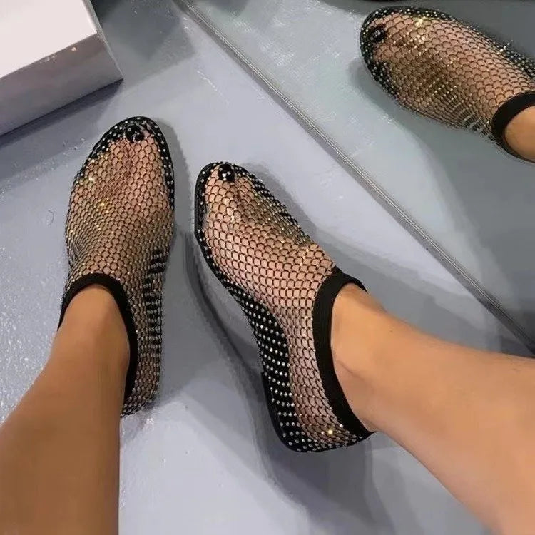 2024 Summer Women's New Round Toe Flat Bottom Sandals Hollow Short Boots Water Diamond Sexy Flat Bottom Fashion Banquet Slippers Pi-Mart