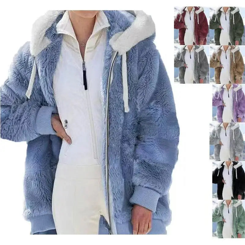 Women Winter Warm Faux Fur Jacket Plush Coat New Casual Hooded Fashion Zipper Soft Fleece Cashmere Jackets Female Thick Clothing LadyShow.Store