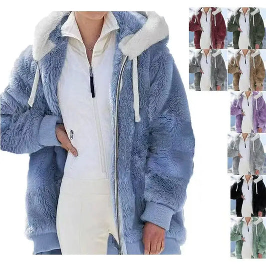 Women Winter Warm Faux Fur Jacket Plush Coat New Casual Hooded Fashion Zipper Soft Fleece Cashmere Jackets Female Thick Clothing LadyShow.Store