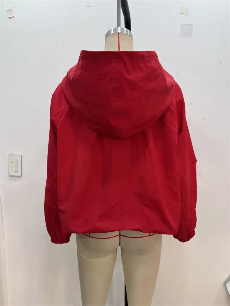 Women's Jacket 2026 Autumn New Red Long-Sleeve Drawstring Decorative Festive Hoodie Zipper Cardigan Casual Fashion Versatile Pi-Mart