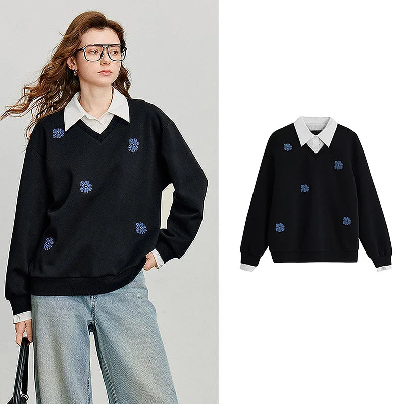 TOYOUTH Women Sweatshirt 2025 Autumn New Denim Flower Embroidery Fake Two Piece Splicing Turn Down Collar Cotton Casual Pullover LadyShow.Store