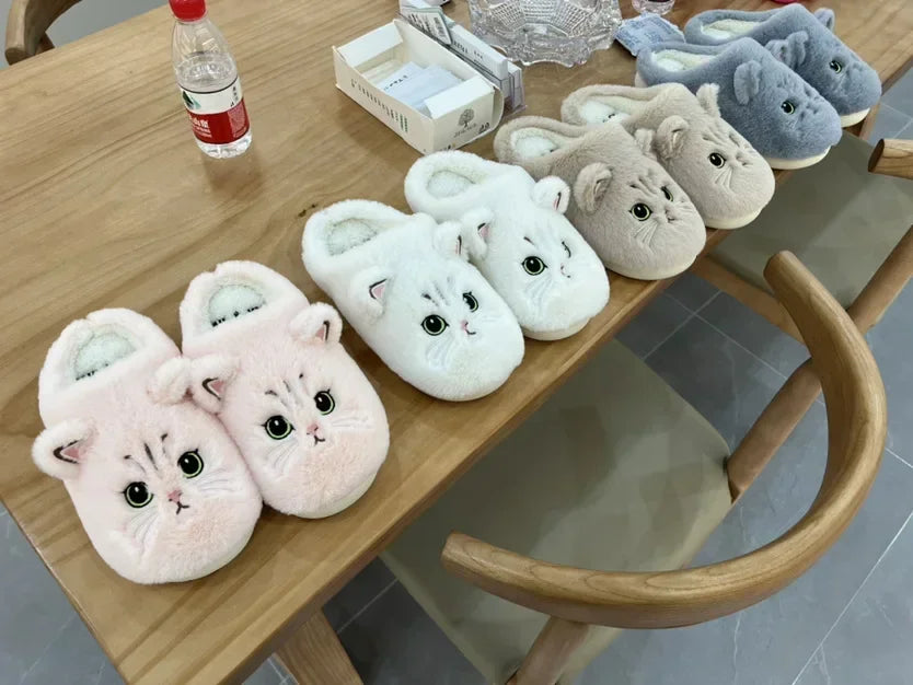 Cute Cat Slippers Fluffy Furry Women Home Platform Slippers Men Winter Plush Slides Indoor Fuzzy Slippers Lovely Cotton Shoes LadyShow.Store