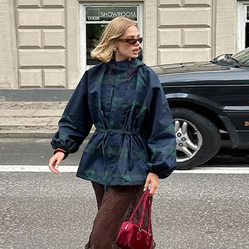 Vintage Plaid Women's Jacket Oversize Loose Stand Collar Coat Long Sleeve Hoodie Lace Up Outwears 2025 New Fall Lady Streetwears LadyShow.Store