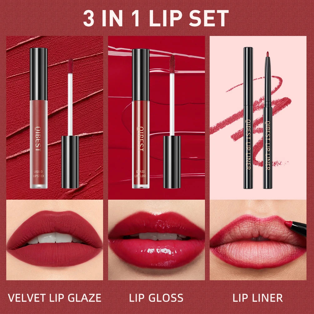 3pcs Matte Liquid Lipstick+Lip Liner Set Lip Glaze Makeup Nude Black Red Velvet Lip Gloss Long Lasting Lip Tint Cosmetics Kits Pi-Mart