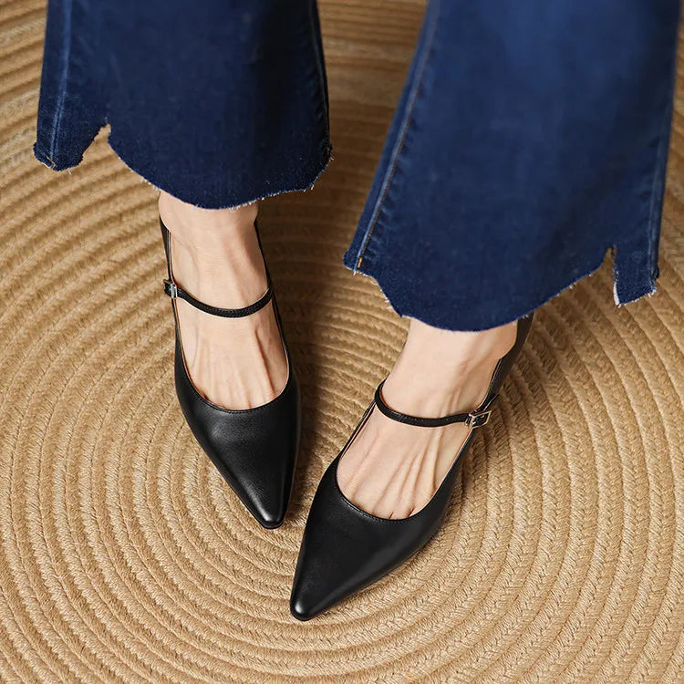 NEW Spring/Autumn Women Pumps Genuine Leather Shoes for Women Pointed Toe Thin Heel Shoes Shallow Buckle Strap Mary Janes Shoes Pi-Mart