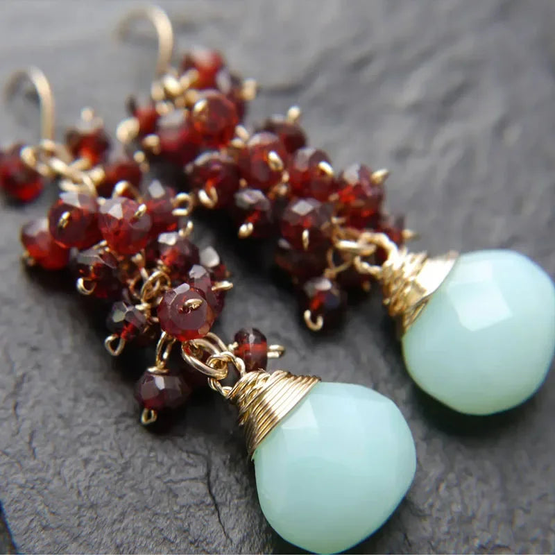 Aqua Chalcedony Labradorite Cluster Wire Wrapped Dangle Earrings Pi-Mart