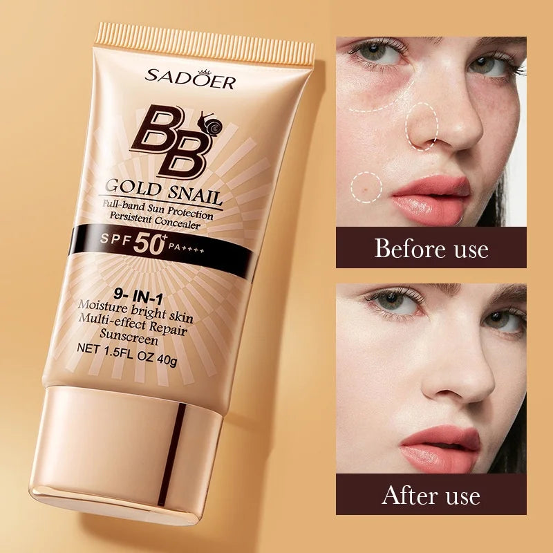 SADOER Gold Snail Sunscreen BB Cream Foundation Concealer Moisturizing Isolation Cream SPF50+PA+++ 40g Tri Light Beauty