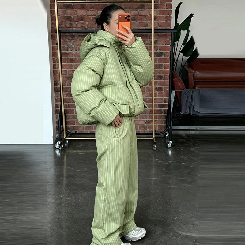 Women's Striped Puffer Jacket Two Piece Set Detachable Hood Cropped Puffer Coat Wide Leg Pants Outfit 2026 Winter Casual Coats LadyShow.Store