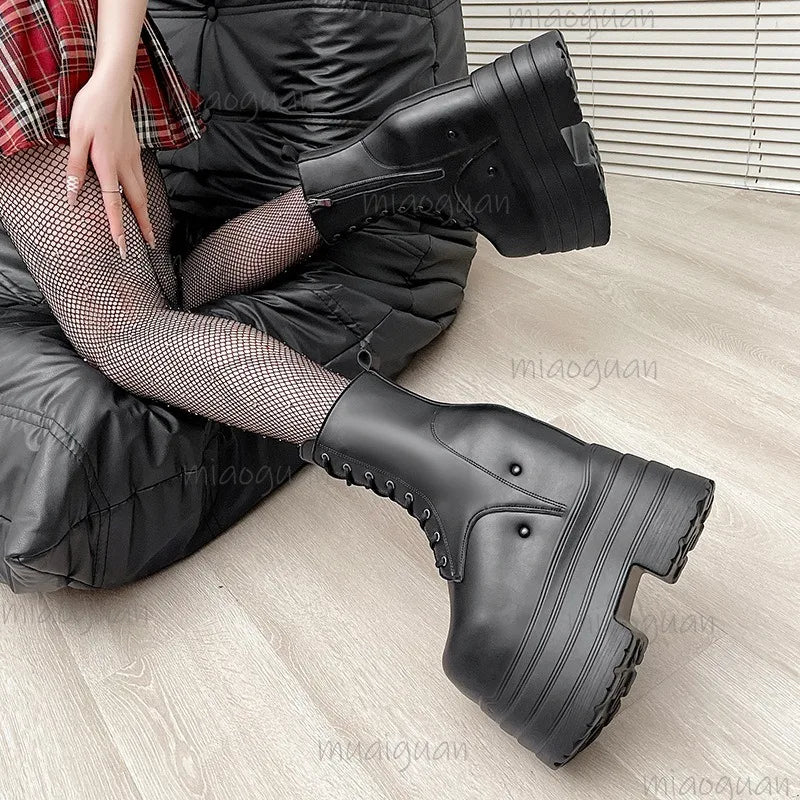Height Increasing Women's High Boots Black Leather Thick Bottom Platform Shoes Side Zip Gothic Punk Short Boots Street Style LadyShow.Store
