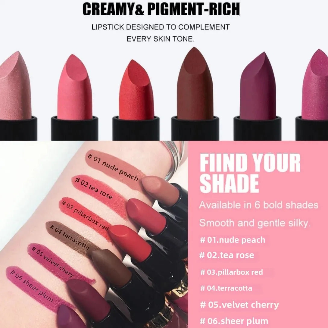 Matte Lipstick Nude Peach Brown Cherry Shades Velvety Smooth Long-Lasting Rich Pigment Waterproof Non-Stick Cup Lip Stick Makeup Pi-Mart