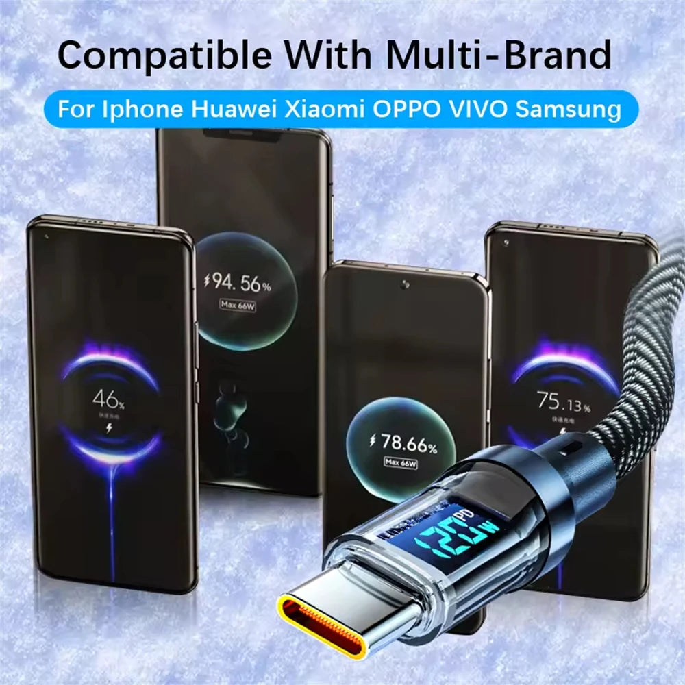 120W Super Fast Charging Cable Real-time Digital Display USB A to Type C Data Cable For iPhone Android Phones Universal Pi-Mart