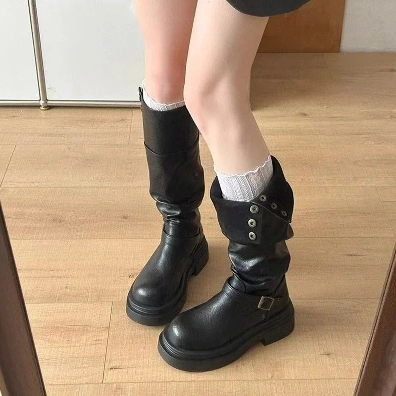 Women's High Knee Boots, Chunky Platform Stacked Rider Boots, Spring/Autumn Two-Way Edgy Fold-Over Cuff Fashion Design LadyShow.Store