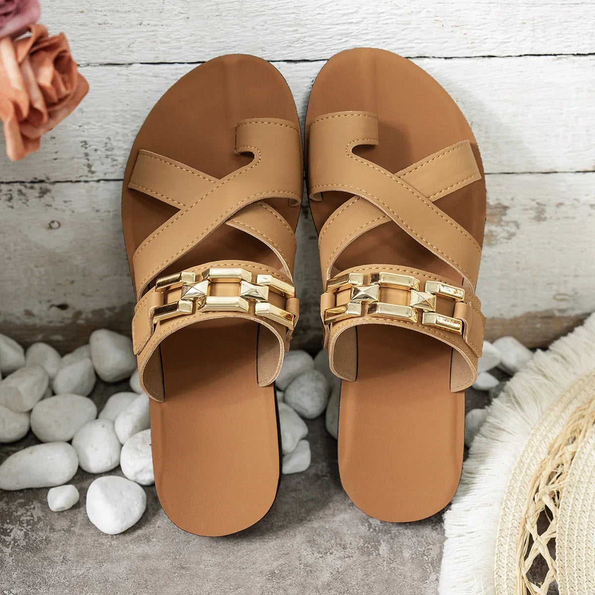 Ladies Fashion Sandals Gold Chain Decoration Comfortable Slip On Flat Bottom Slippers Women's Footbed Casual Summer Shoes LadyShow.Store