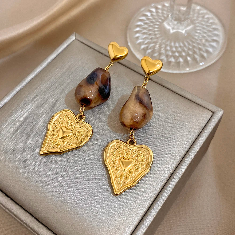 Greatera Caramel Amber Patterned Irregular Heart Earrings For Women Charm Stainless Steel Waterproof Popular Ear Accessories New Pi-Mart