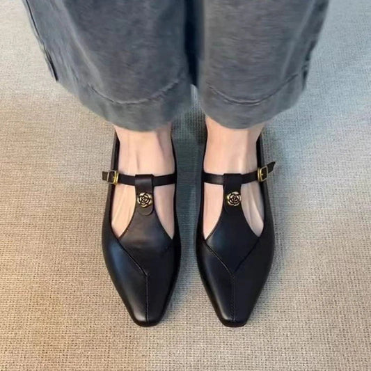 Women's Rose Decor T-Strap Loafers, Vintage Elegant Soft Leather Low Heel Comfort Shoes for Spring Office, Commute & Dating LadyShow.Store