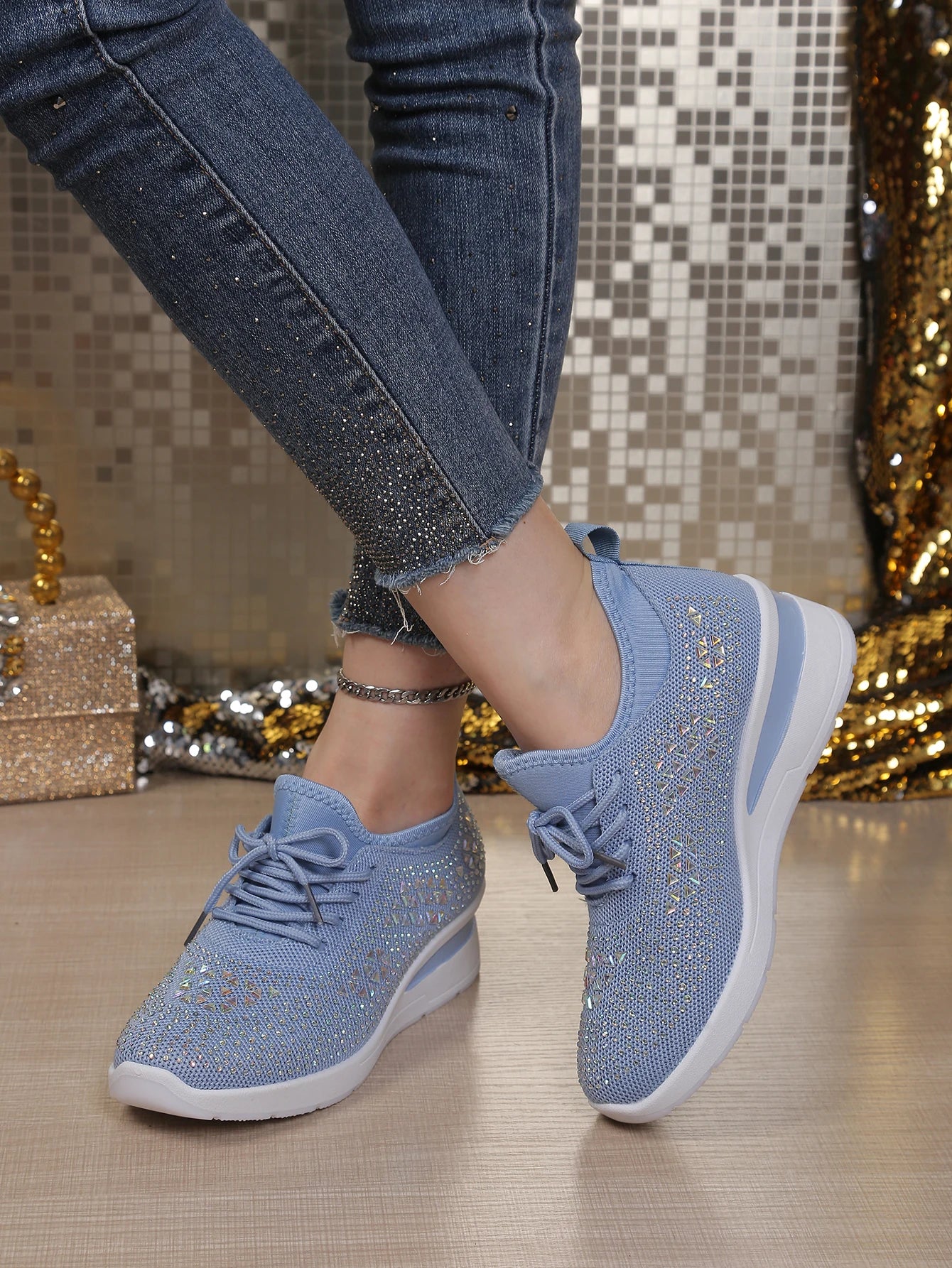 Women's Rhinestone Embellished Knit Mesh Wedge Sneakers, Adjustable Lace-Up Closure, Daily Walking Casual Footwear Pi-Mart