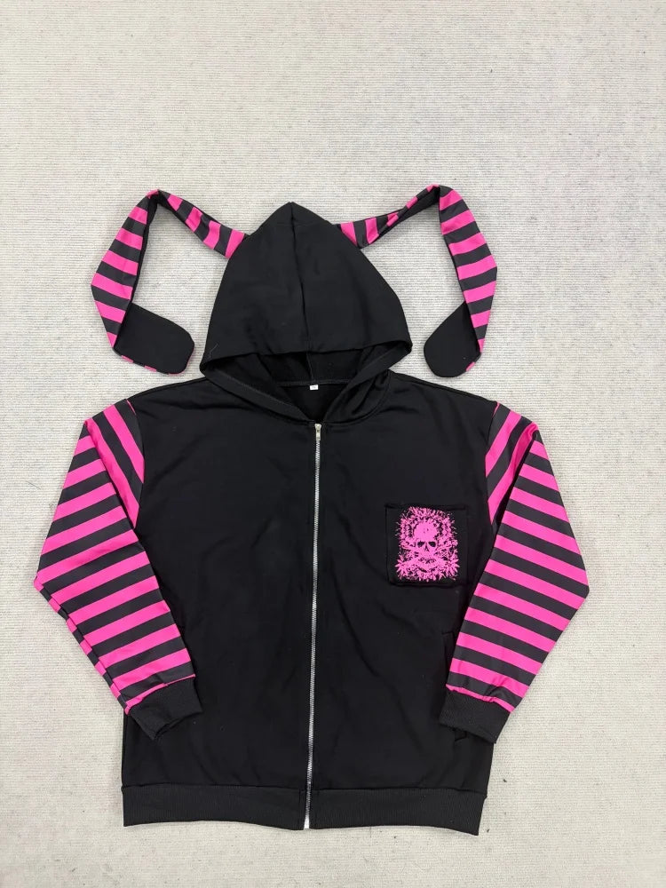 2026 Dark Pink Black Punk Skeleton Printed Striped Sleeve Hoodie Street Style Women's Zipper cardigan Wholesale LadyShow.Store