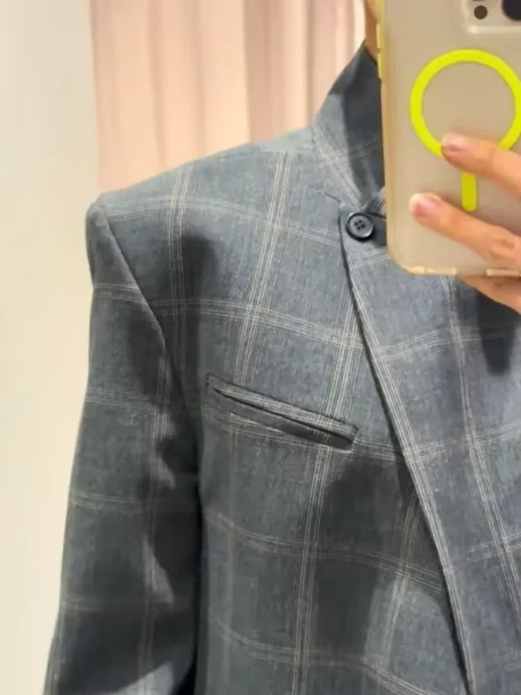Chic Plaid Women Blazer Jackets Casual Split Loose Stand Collar Full Sleeve Short Jacket 2026 Lady Fashion Daily Commute Outwear LadyShow.Store