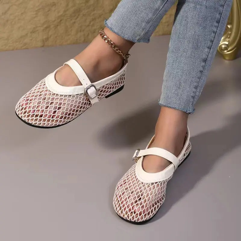Women's Mary Jane Flats 2026 New Hollow Out Mesh Breathable Fishnet Ankle Strap Casual Summer Sandals Pi-Mart