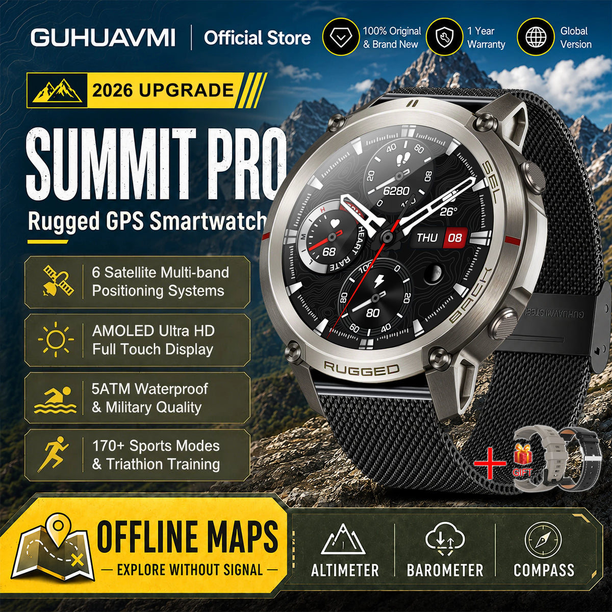 2026 Military Satellite Offline Map GPS Smart Watch Men 1.43''AMOLED Bluetooth Call Compass 5ATM Waterproof 170+Sport Smartwatch Pi-Mart