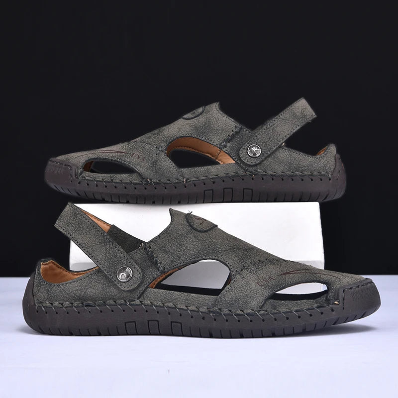 New Handmade Summer Sandals Men Breathable Leather Shoes Man Outdoor Men Sandals Antiskid Beach Sandals Hollow Shoes Fashion Pi-Mart