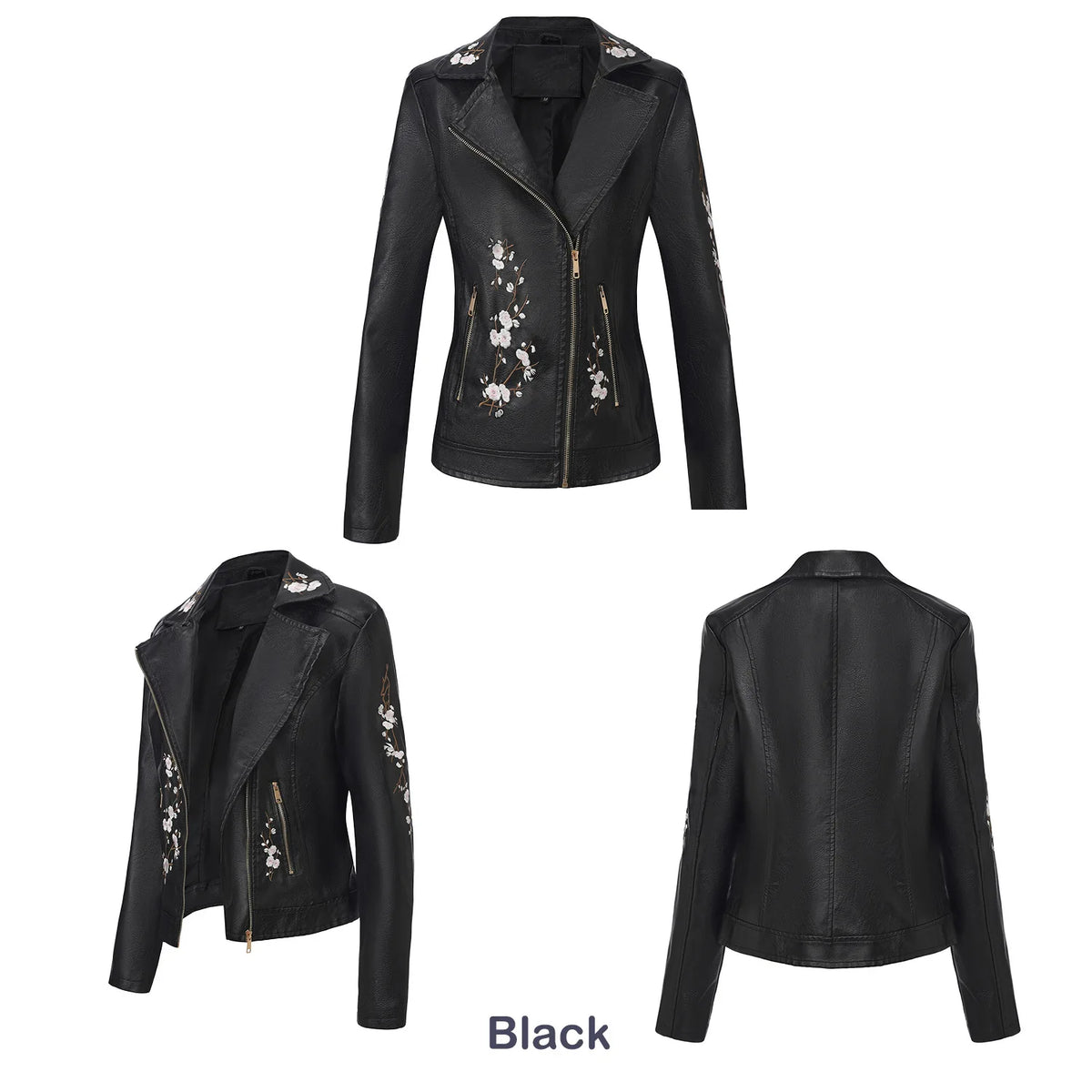 New Fall Women's Black Faux Leather Jacket; White Floral Embroidered PU Coat; Dark Brown Motorcycle-style Top. Pi-Mart