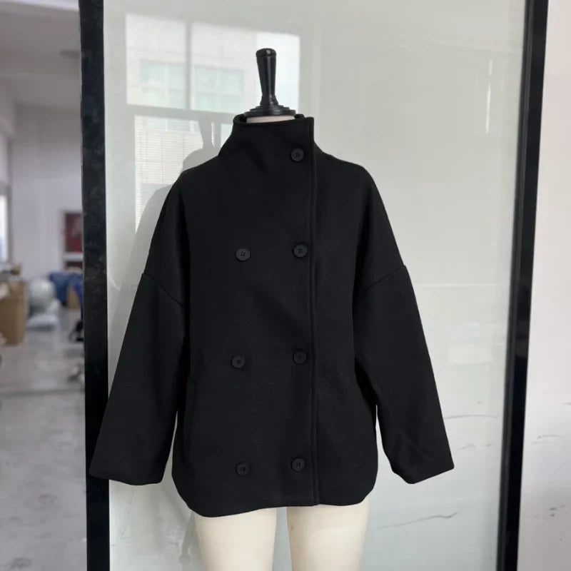 Fashion Short Woolen Coat For Women Stand Collar Full Sleeve Loose Zipper Jacket Female 2025 Spring Autumn Solid Lady Outwear LadyShow.Store