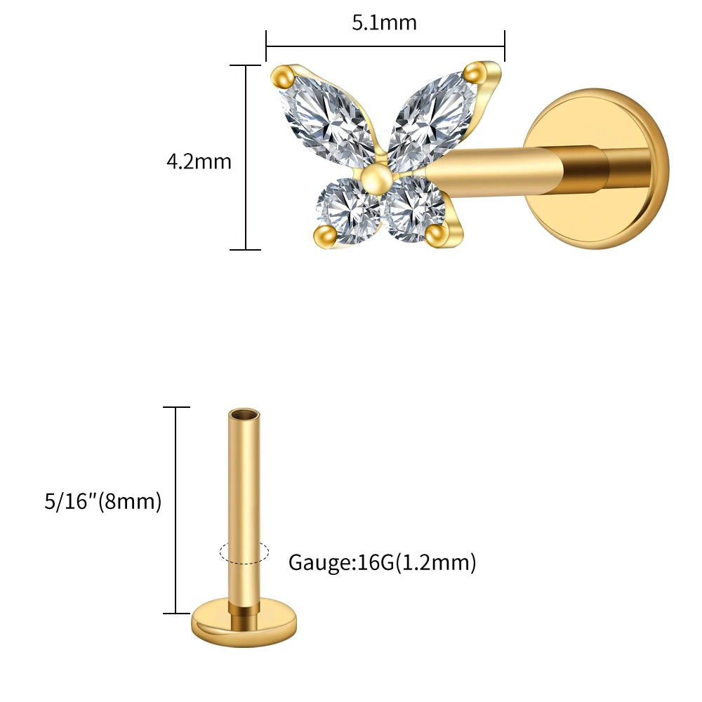Right Grand ASTM F136 Titanium 16G Mini Butterfly CZ Labret Tragus Cartilage Conch Forward Helix Stud Nose Piercing Body Jewelry Pi-Mart