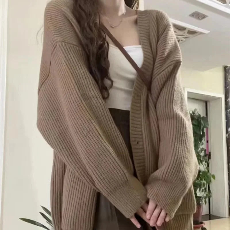 Autumn Winter Women Cardigan Sweater Coats Fashion Female Long Sleeve V-neck Loose Knitted Jackets Casual Sweater Cardigans LadyShow.Store