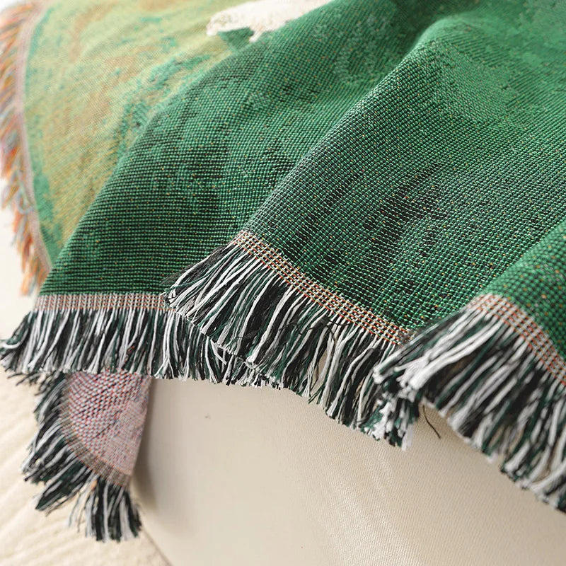 Textile City Sheep Herd Green Meadow Jacquard Woven Throw Blanket Whimsical Countryside Farm Animal Fringed Decor Sofa Blanket Pi-Mart