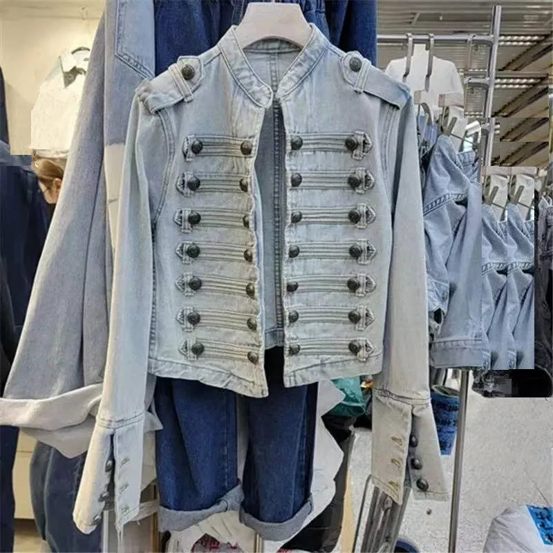 Streetwear Casual Loose Button Split Short Denim Jacket Women Fashion Spring Autumn 2026 Stand Collar Long Sleeve Jean Jacket LadyShow.Store