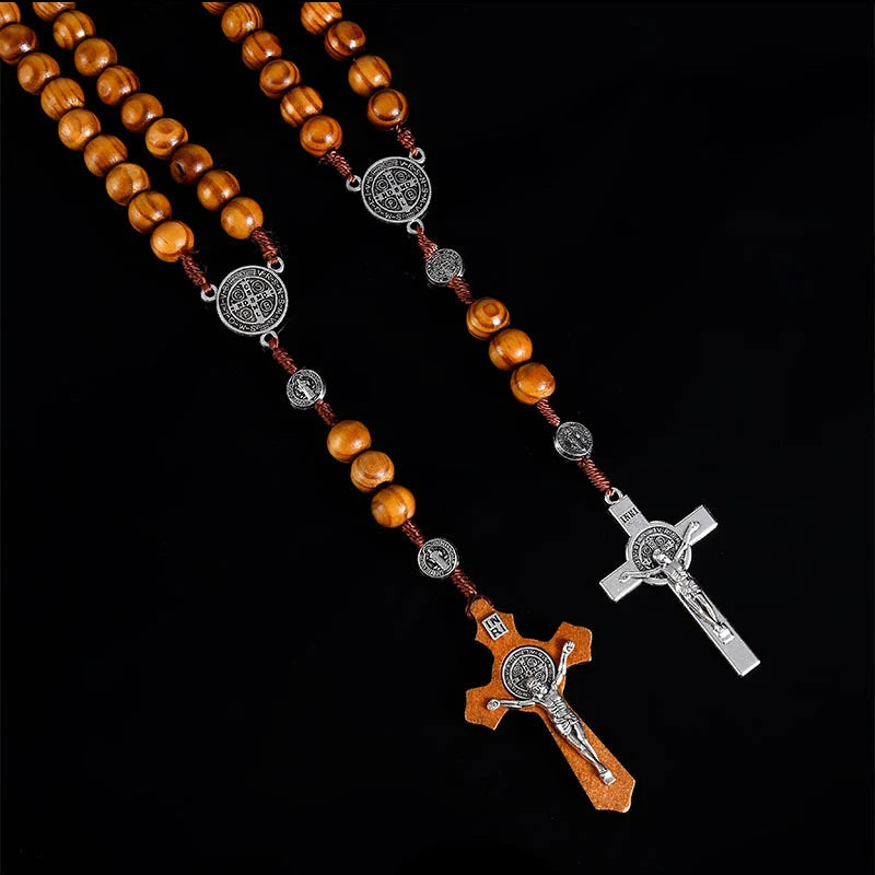Christian 10MM Wood Beads Rosary Cross Necklace For Women Virgin Mary INRI Pendant Long Chain Men Religion Jewelry Pi-Mart
