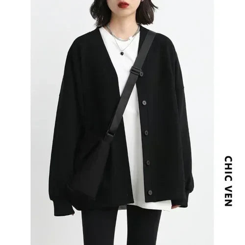CHIC VEN Korean Autumn Winter Women's Sports Coat Casual Loose V-neck Sweatshirt for Women Thick Warm Tops Office Lady Female LadyShow.Store