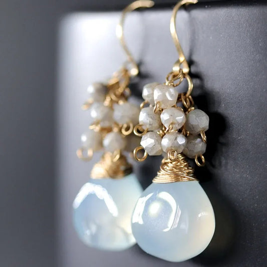 Aqua Chalcedony Labradorite Cluster Wire Wrapped Dangle Earrings Pi-Mart