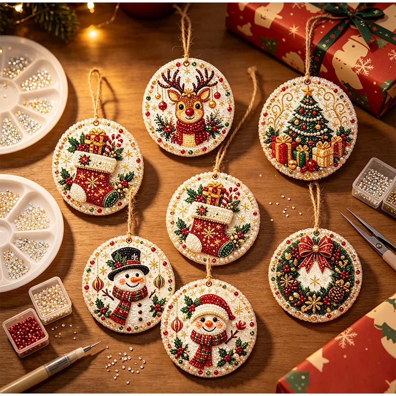 Christmas Diamond Painting Kit DIy Christmas Wooden Ornaments Xmas Snowman Reindeer Hanging Decor Relaxing Project Holiday Gifts Pi-Mart