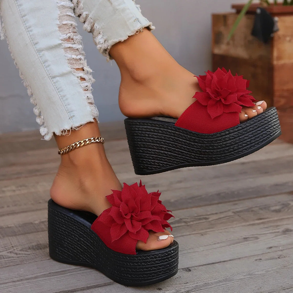 Women Platform Slippers 2024 New Summer Beach Wedges Sandals Fashion Flower Casual Slippers Women High Heel Slippers Women LadyShow.Store