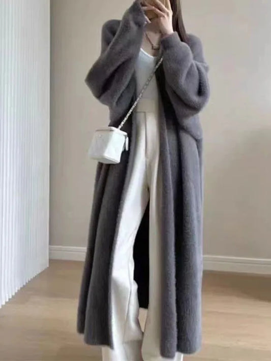 Autumn and winter loose and lazy style open knit coat, thick knee length imitation mink fur long sleeved sweater, warm jacket LadyShow.Store