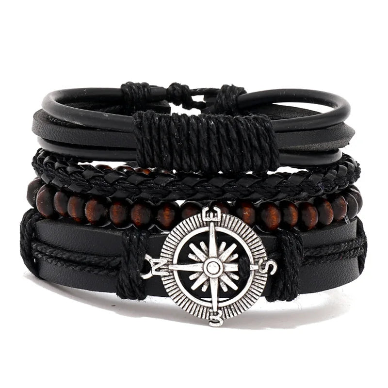 4Pcs/ Set Braided Wrap Leather Bracelets for Men Vintage Life Tree Rudder Charm Wood Beads Ethnic Tribal Wristband Rope Bracelet Pi-Mart
