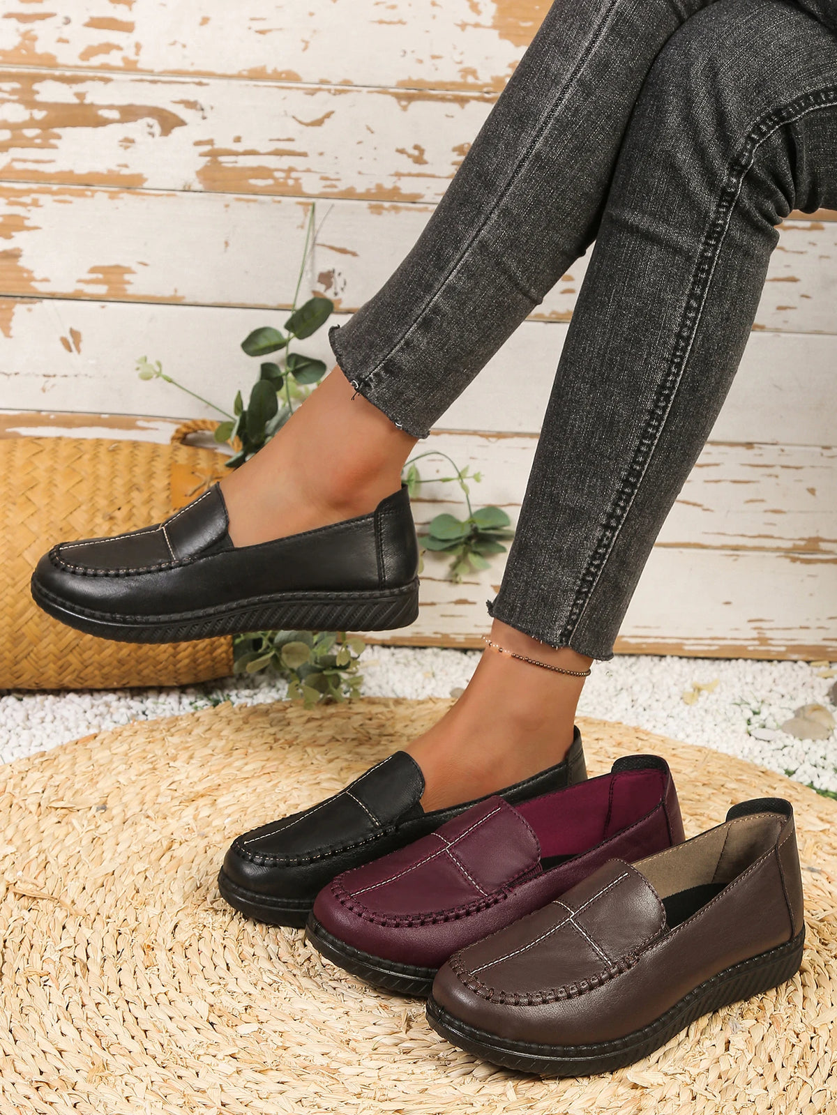 Women's Spring Autumn Leather Loafers Floral Embossed Slip‑On Flats Anti‑Slip Comfort Casual Mom Daily Walking Free Shipping Pi-Mart