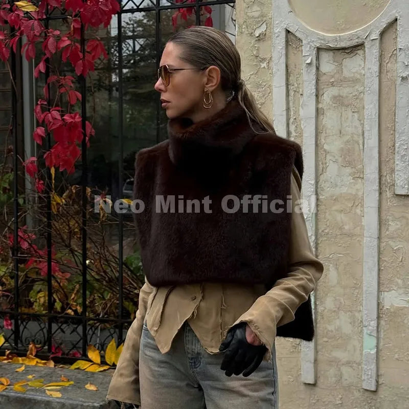 Neo Mint 2025 Brand Fashion Faux Fur Sable Vest Crop Top Autumn Winter Turtleneck Eco Mink Fur Tank Tops Sleeveless Jacket Coat LadyShow.Store